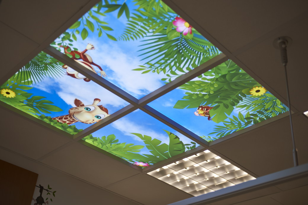 Photograph of a cartoon projected on to a ceiling